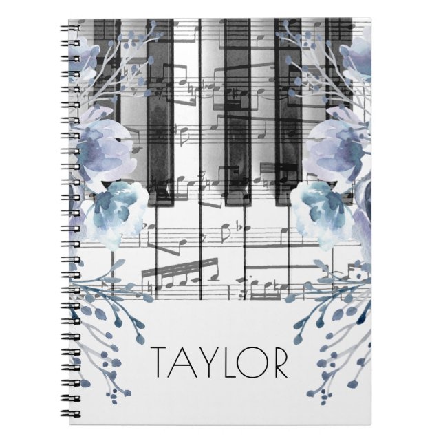 dusty blue watercolor flowers music piano notebook (Front)