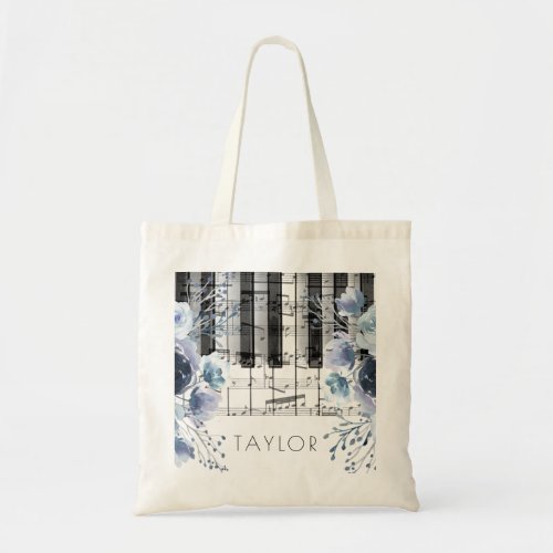 dusty blue watercolor flowers piano tote bag