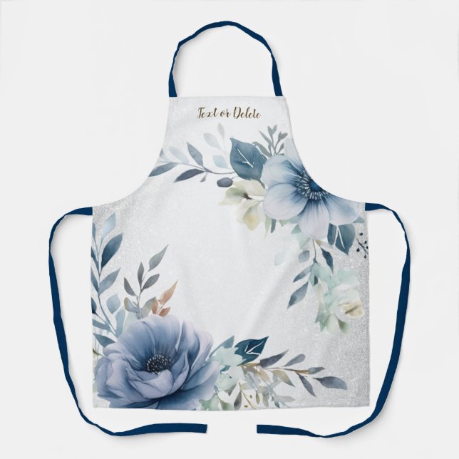 Dusty Blue Watercolor Flowers Silver Elegant Apron (Front)