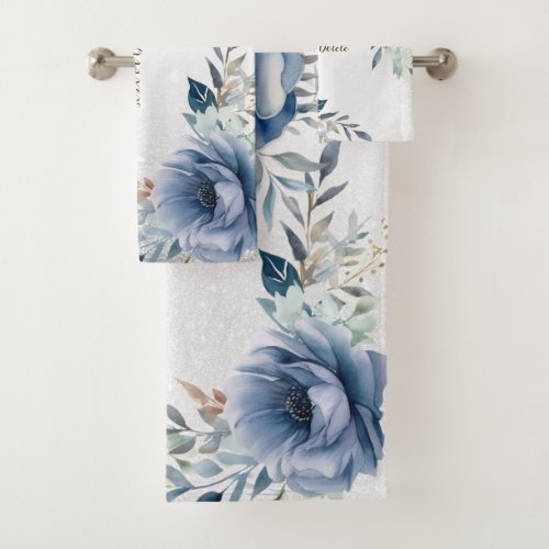 Dusty Blue Watercolor Flowers Silver Elegant Bath Towel Set