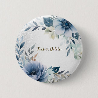Dusty Blue Watercolor Flowers Silver Elegant Button