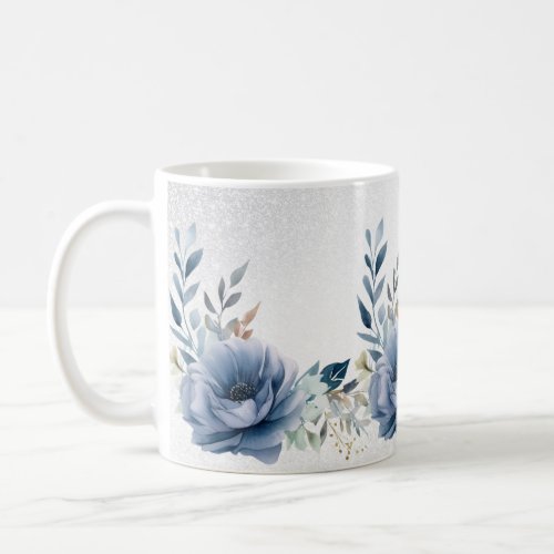 Dusty Blue Watercolor Flowers Silver Elegant Coffee Mug