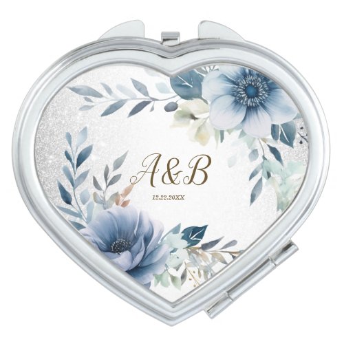 Dusty Blue Watercolor Flowers Silver Elegant Compact Mirror