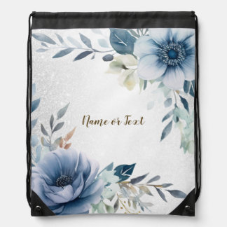 Dusty Blue Watercolor Flowers Silver Elegant Drawstring Bag