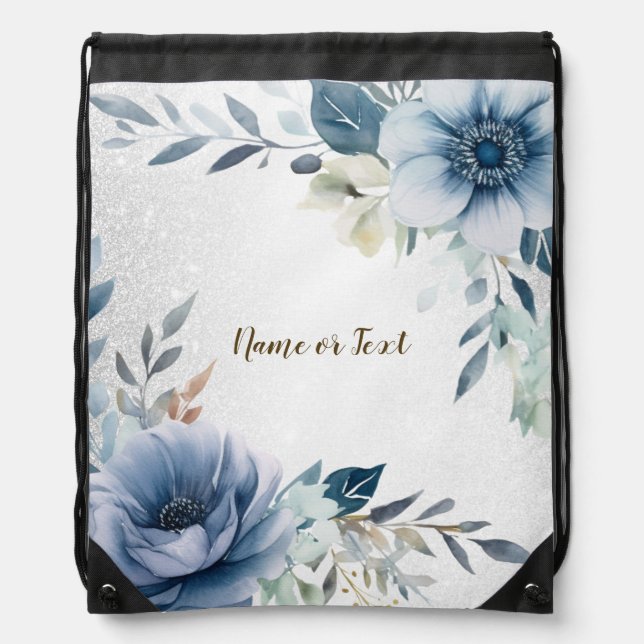 Dusty Blue Watercolor Flowers Silver Elegant Drawstring Bag (Front)