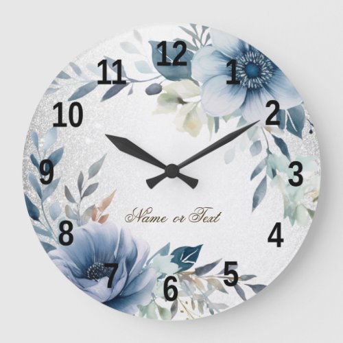 Dusty Blue Watercolor Flowers Silver Elegant Large Clock