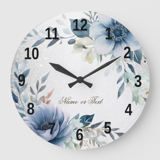 Dusty Blue Watercolor Flowers Silver Elegant Large Clock (Front)