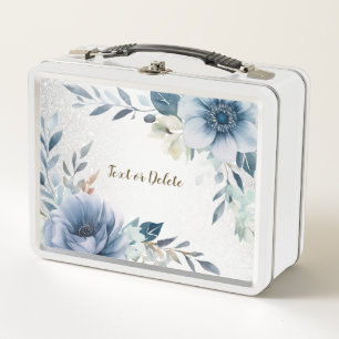 Dusty Blue Watercolor Flowers Silver Elegant Metal Lunch Box