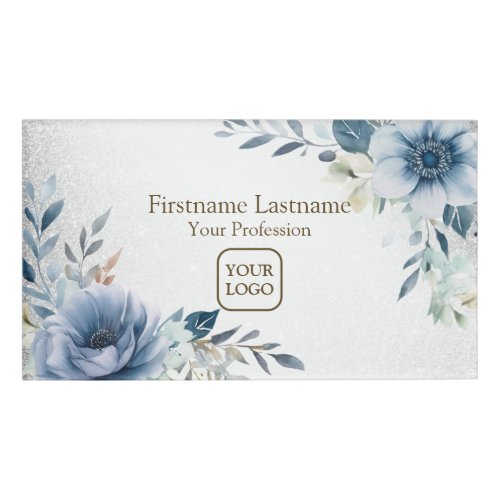 Dusty Blue Watercolor Flowers Silver Elegant Name Tag