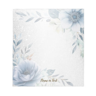 Dusty Blue Watercolor Flowers Silver Elegant Notepad