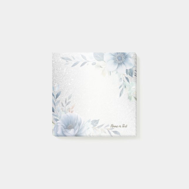 Dusty Blue Watercolor Flowers Silver Elegant Post-it Notes (Front)