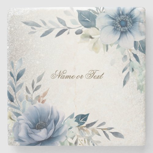 Dusty Blue Watercolor Flowers Silver Elegant Stone Coaster