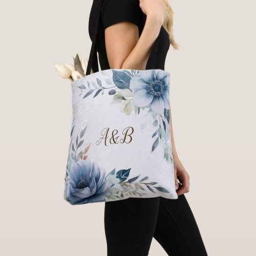 Dusty Blue Watercolor Flowers Silver Elegant Tote Bag