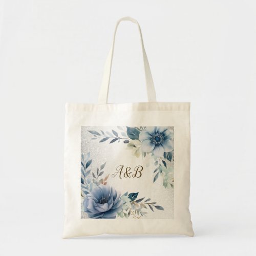 Dusty Blue Watercolor Flowers Silver Elegant Tote Bag