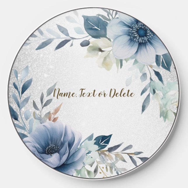 Dusty Blue Watercolor Flowers Silver Elegant Wireless Charger (Front)
