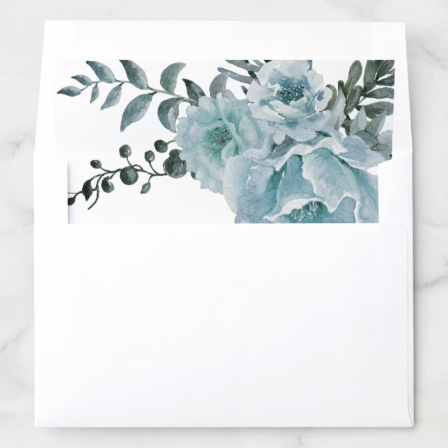 Dusty blue watercolor flowers, succulent wedding  envelope liner (In Envelope)