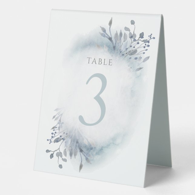 dusty blue watercolor flowers Table Number 3 Table Tent (Front)