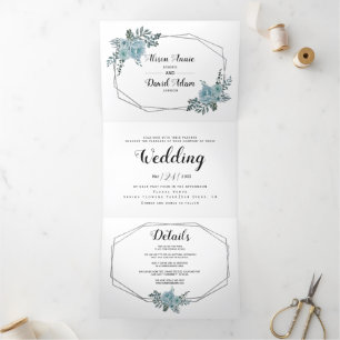 Dusty blue watercolor flowers, typography wedding Tri-Fold invitation