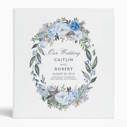 Dusty Blue Watercolor Flowers Wedding 3 Ring Binder