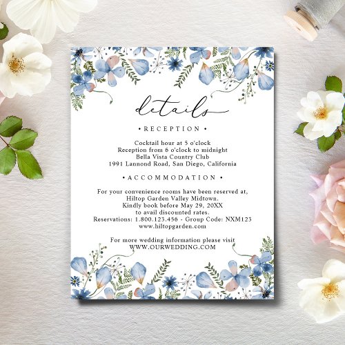 Dusty Blue Watercolor Flowers Wedding Details Enclosure Card