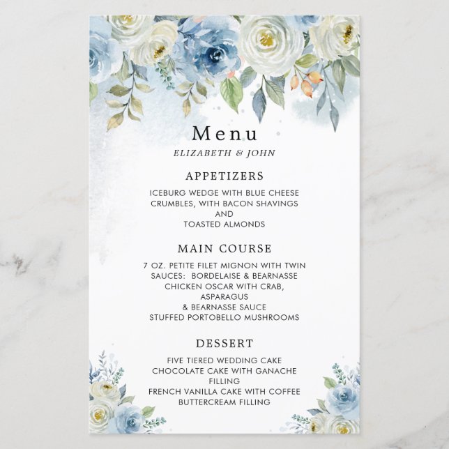 Dusty Blue Watercolor Flowers Wedding Menu (Front)