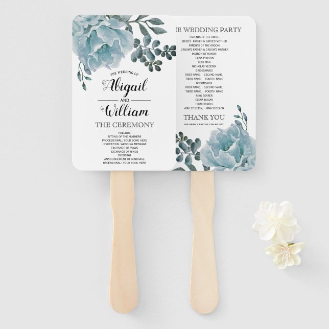 Dusty blue watercolor flowers wedding program hand fan (Front and Back)