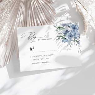 dusty blue watercolor flowers wedding RSVP card