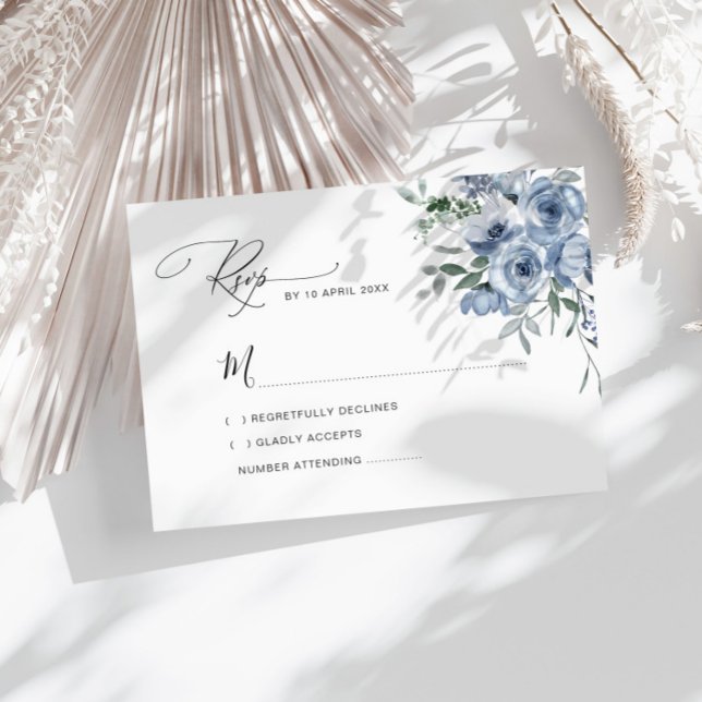 dusty blue watercolor flowers wedding RSVP card (Creator Uploaded)