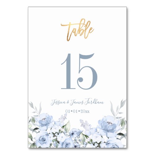 Dusty Blue Watercolor Flowers Wedding Table Number