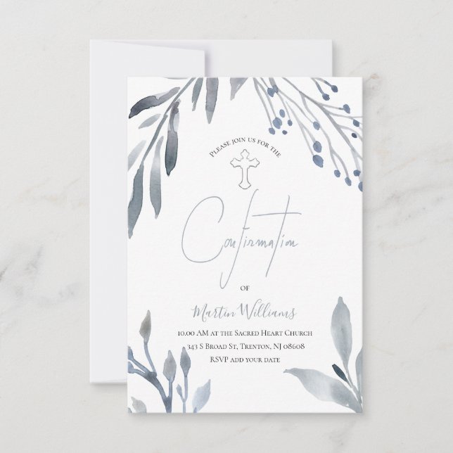 dusty blue watercolor foliage confirmation invitation (Front)