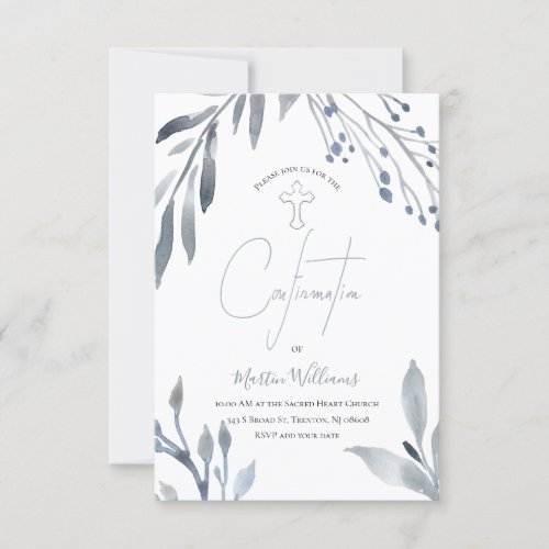 dusty blue watercolor foliage confirmation invitation