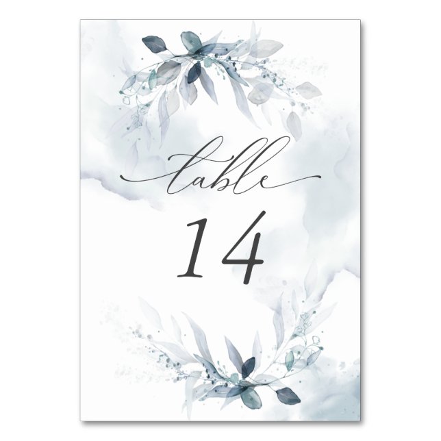 Dusty Blue Watercolor Foliage Table Number (Front)