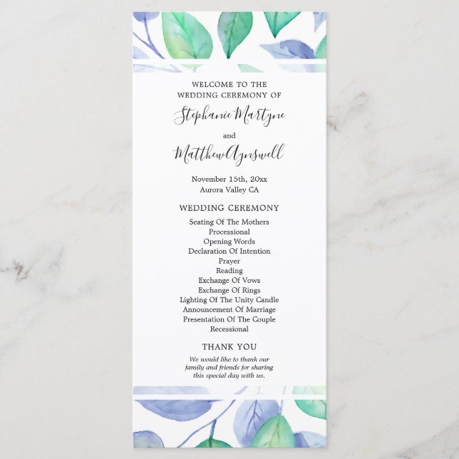 Dusty Blue Watercolor Foliage Wedding Ceremony Program (Front)
