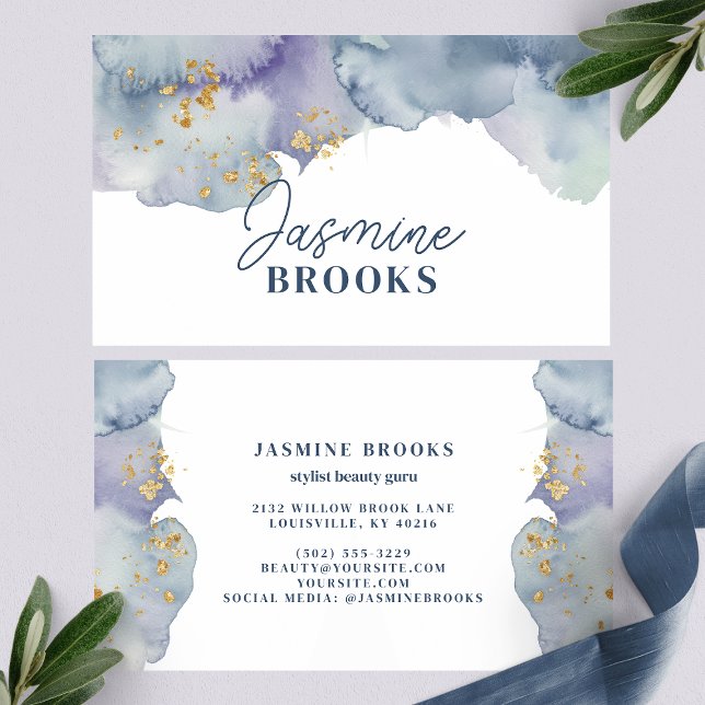 Dusty Blue Watercolor Gold Accents Business Card (Creator Uploaded)