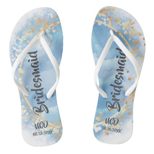 Dusty Blue Watercolor Gold Bridesmaid Favor  Flip Flops