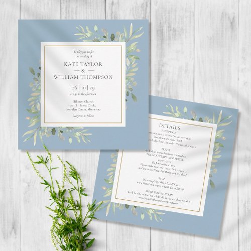 Dusty Blue Watercolor Greenery All In One Wedding Invitation