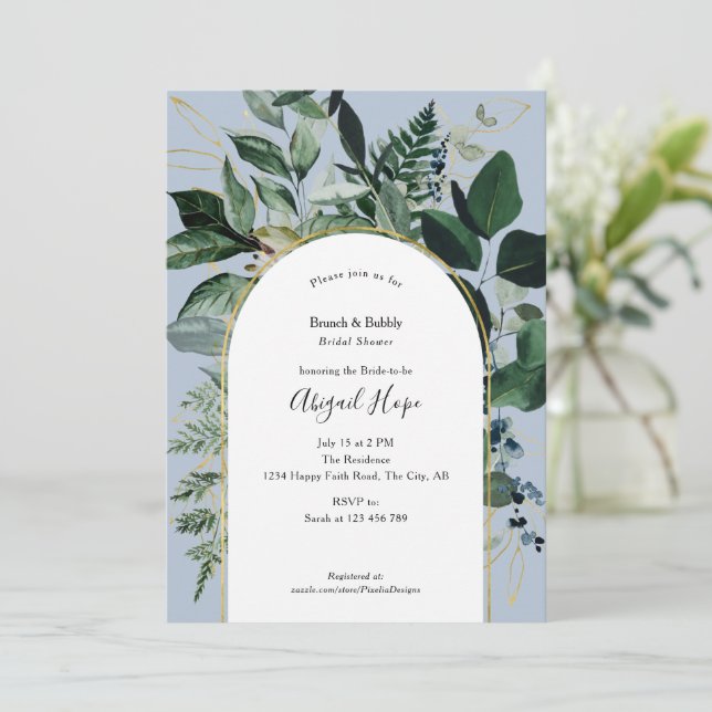 Dusty BLue Watercolor Greenery Bridal luncheon Invitation (Standing Front)
