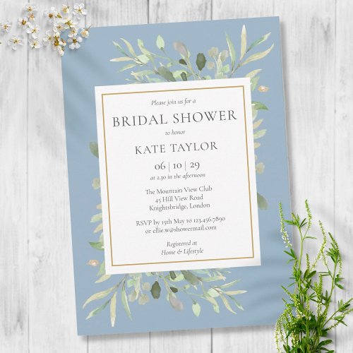 Dusty Blue Watercolor Greenery Bridal Shower Invitation