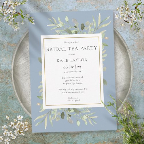 Dusty Blue Watercolor Greenery Bridal Tea Party Invitation