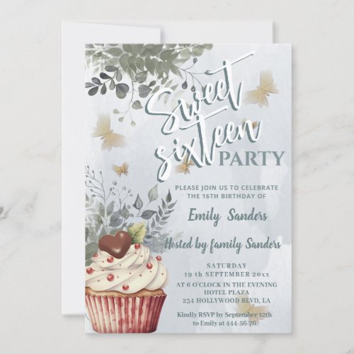 Dusty blue  watercolor greenery cupcake  invitation