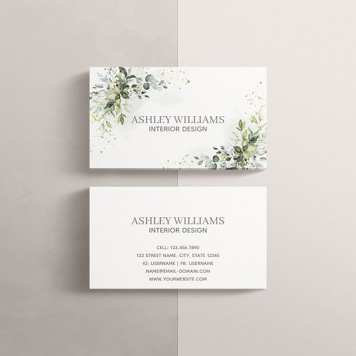 Dusty Blue Watercolor Greenery Elegant Business Card