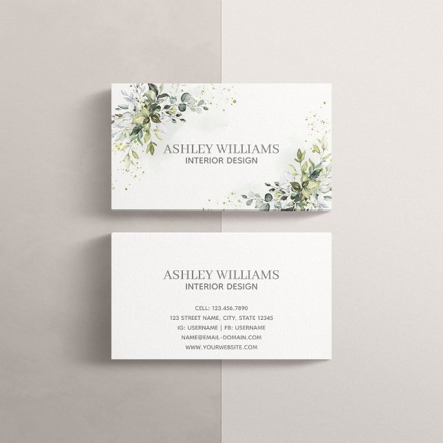 Dusty Blue Watercolor Greenery Elegant Business Card (Creator Uploaded)