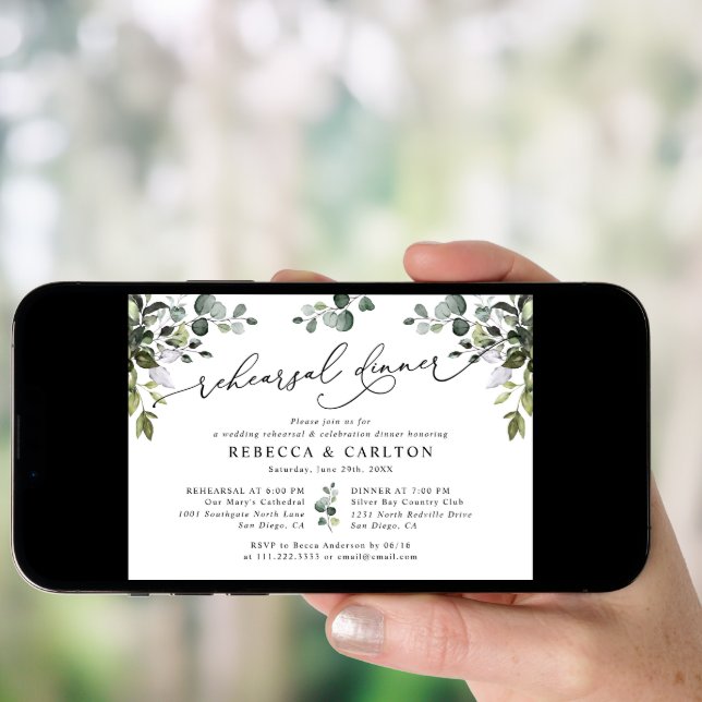Dusty Blue Watercolor Greenery Rehearsal Dinner Invitation (Front Digital)