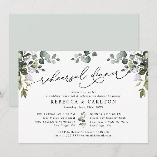 Dusty Blue Watercolor Greenery Rehearsal Dinner Invitation (Front/Back)