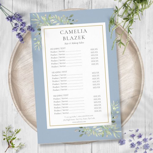 Dusty Blue Watercolor Greenery Salon Service Menu Flyer