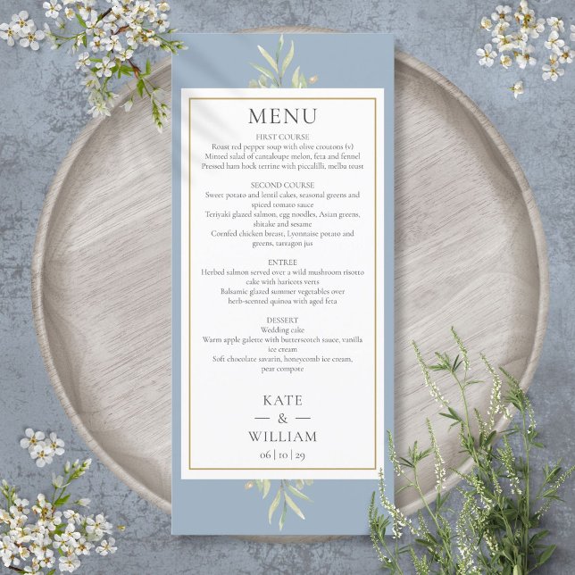 Dusty Blue Watercolor Greenery Wedding Dinner Menu (Dusty Blue Watercolor Greenery Wedding Dinner Menu)