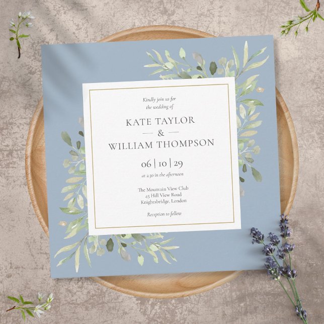 Dusty Blue Watercolor Greenery Wedding Invitation (Creator Uploaded)