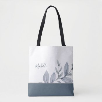 Dusty Blue Watercolor Greenery With Name Tote Bag by MaggieMart at Zazzle