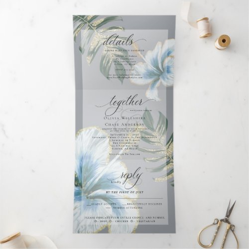 Dusty Blue Watercolor Hibiscus Foliage Wedding Tri_Fold Invitation