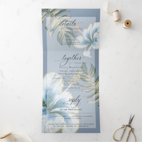 Dusty Blue Watercolor Hibiscus Foliage Wedding Tri Tri_Fold Invitation